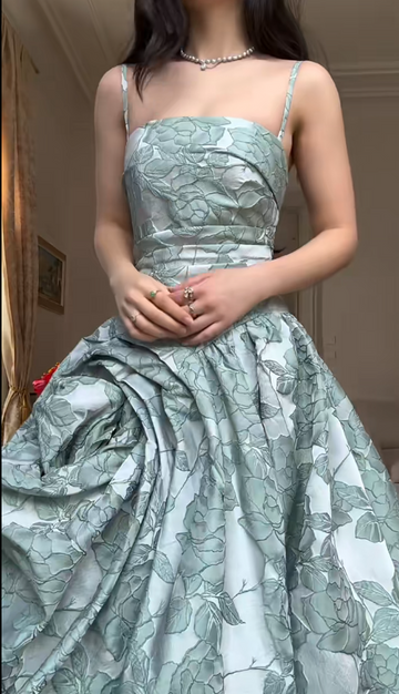 Niulatu Spaghetti Strap A-Line Green Long Prom Dresses Jacquard Satin Green Long Formal Dresses HZ1026